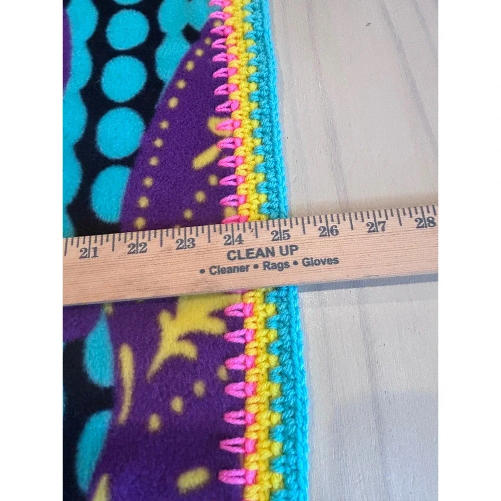 Handmade Fleece‎ Baby Blanket Purple Pink Teal Abstract Print Crochet Trim 29x25